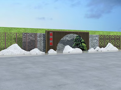 Scenic Garden Wall Design with Greenery Stone Accents and Wooden Fence 3d model