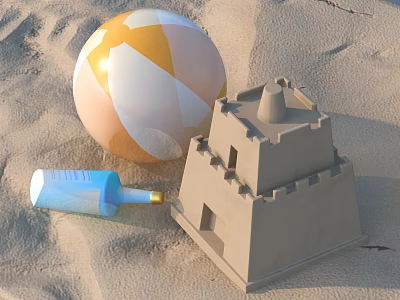 Sunny Sand Beach With Sandcastle Beach Ball And Blue Bottle 3d model