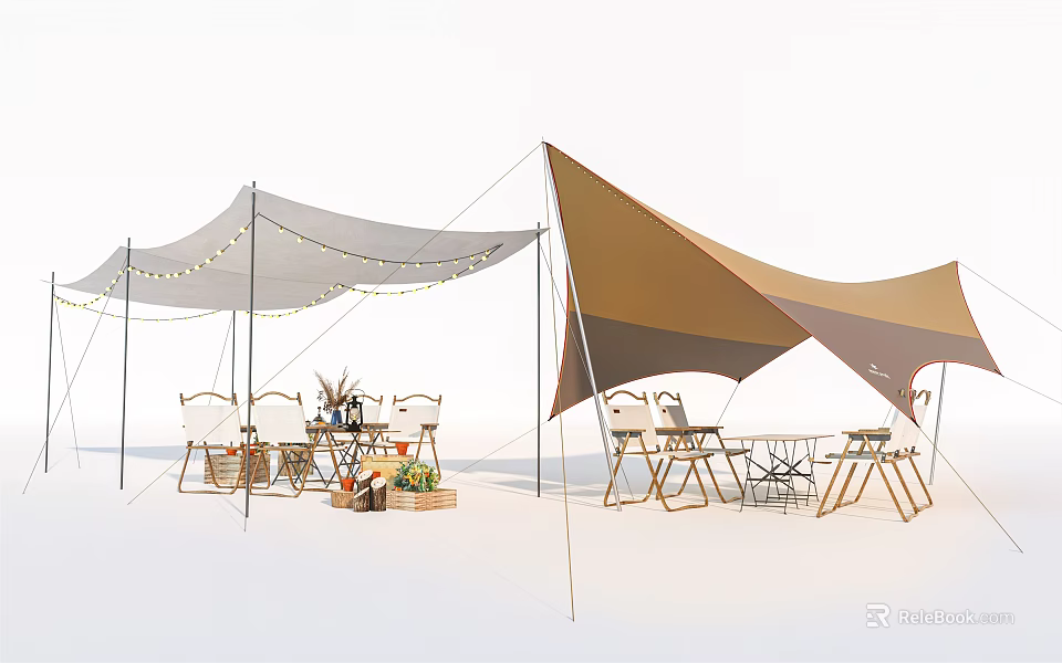 Tensile Membrane Outdoor Leisure Area with Gray and Brown Canopies Tables Chairs and Decorations 3d model 