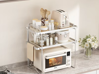 Practical Double Tier Metal Kitchen Shelf With Microwave Toaster Jars And Spatulas For Countertop Storage 3d model