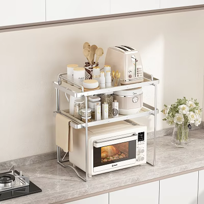 Practical Double Tier Metal Kitchen Shelf With Microwave Toaster Jars And Spatulas For Countertop Storage 3d model
