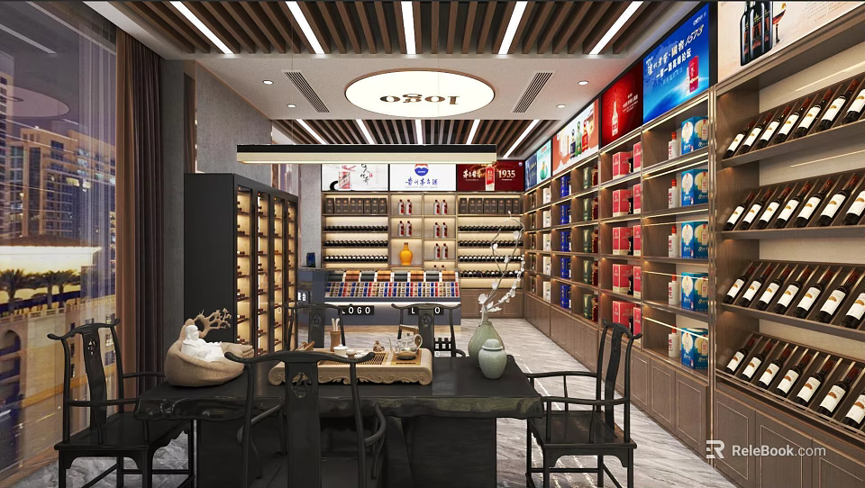 Modern Tobacco And Alcohol Store Interior With Organized Shelves Product Displays And Comfortable Tables 3d model 