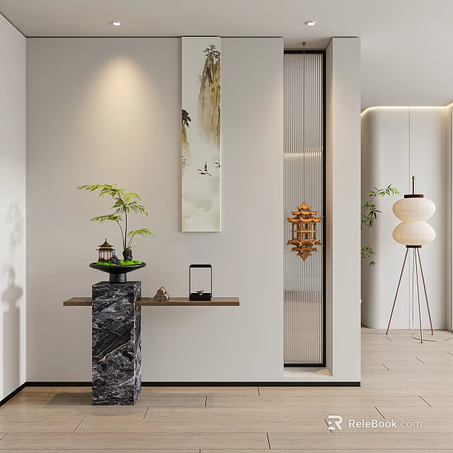 Elegant Console Table With Chinese Landscape Painting Greenery Lantern And Tabletop Decor 3d model 