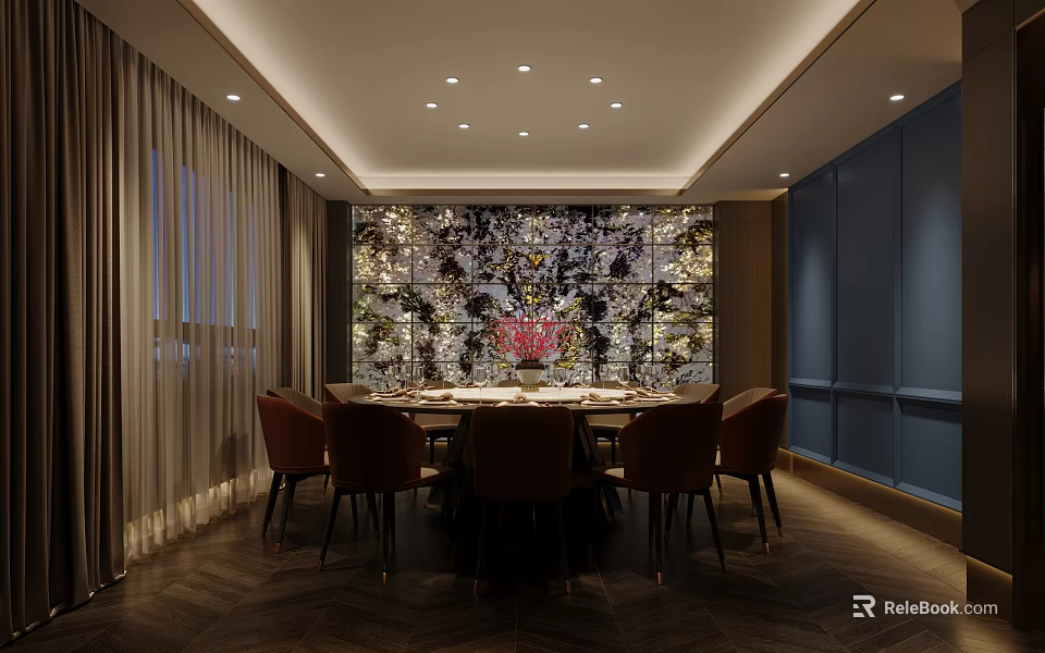 Luxurious Private Dining Room Interior With Decorative Wall Mural Dining Table And Chairs 3d model