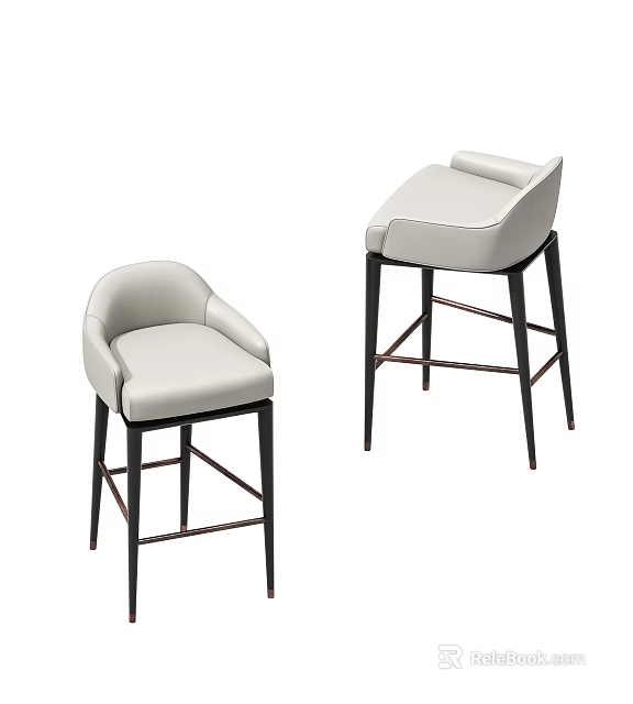 Modern Bar Stools Featuring Light Colored Leather Seat Backrest And Black Metal Legs 3d model 