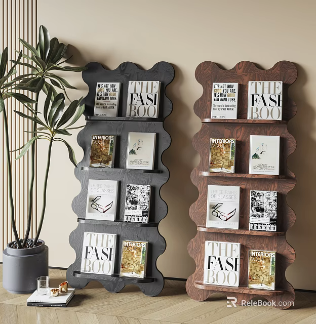 Wave Shaped Shelving Units Dark And Wooden Style Holding Fashion Books And Potted Plant 3d model 