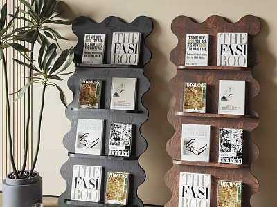 Wave Shaped Shelving Units Dark And Wooden Style Holding Fashion Books And Potted Plant 3d model