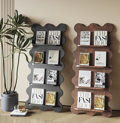 Wave Shaped Shelving Units Dark And Wooden Style Holding Fashion Books And Potted Plant 3d model