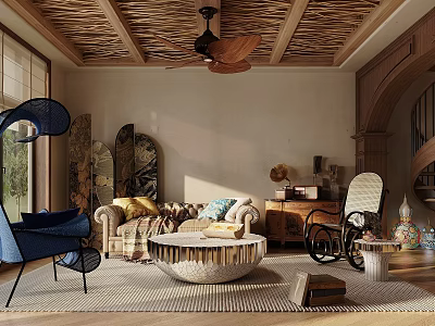 Cozy Living Room Interior With Wooden Lattice Ceiling Ceiling Fan Sofa Blue Armchair And Coffee Table 3d model