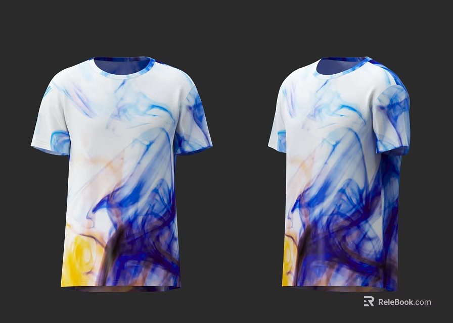 White T-shirt With Abstract Blue Yellow Purple Fluid Art Design Front And Back View 3d model 