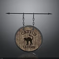 Vintage Wooden Cactus Tavern Sign With Cat Silhouette Circular Design Hanging On Metal Pole