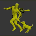 Superhero in Superman Costume Running With White Dog On Dark Reflective Surface
