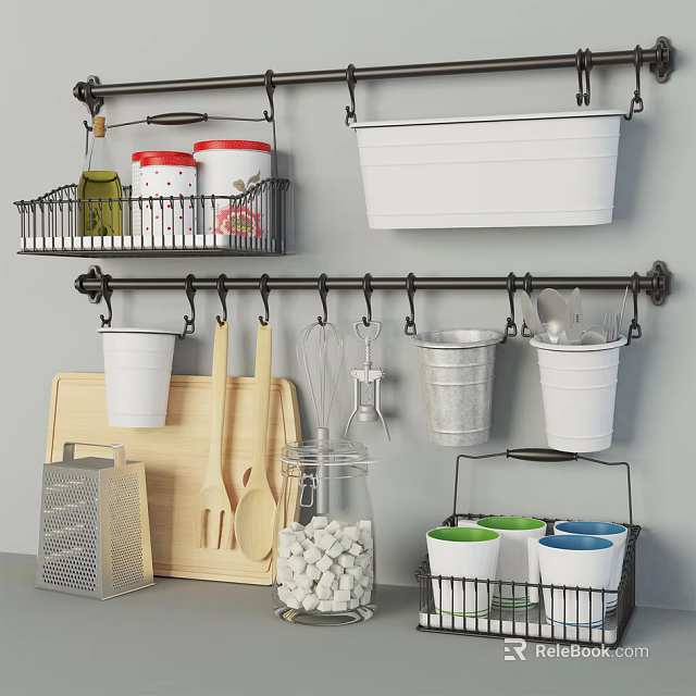 Organized Kitchen Utensils Storage With Hanging Rack Cutting Board And Containers 3d model