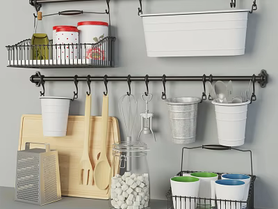 Organized Kitchen Utensils Storage With Hanging Rack Cutting Board And Containers 3d model