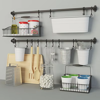 Organized Kitchen Utensils Storage With Hanging Rack Cutting Board And Containers 3d model