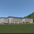 Modern School Building Exterior With Green Lawn Hills Background And Parking Area