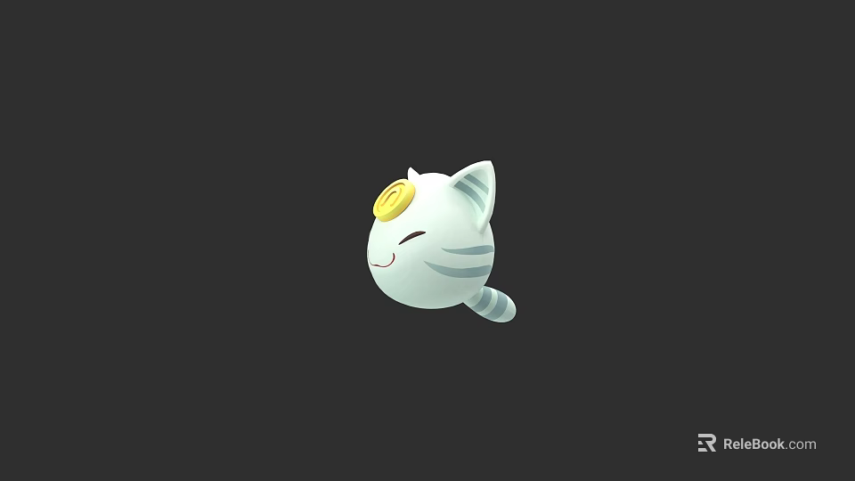 Cute Cartoon Cat With White Gray Stripes And Yellow Coin On Head Smiling 3d model 