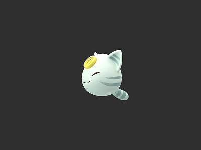 Cute Cartoon Cat With White Gray Stripes And Yellow Coin On Head Smiling 3d model