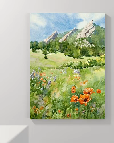 Watercolor Landscape Art of Meadow With Flowers Trees and Mountains 3d model