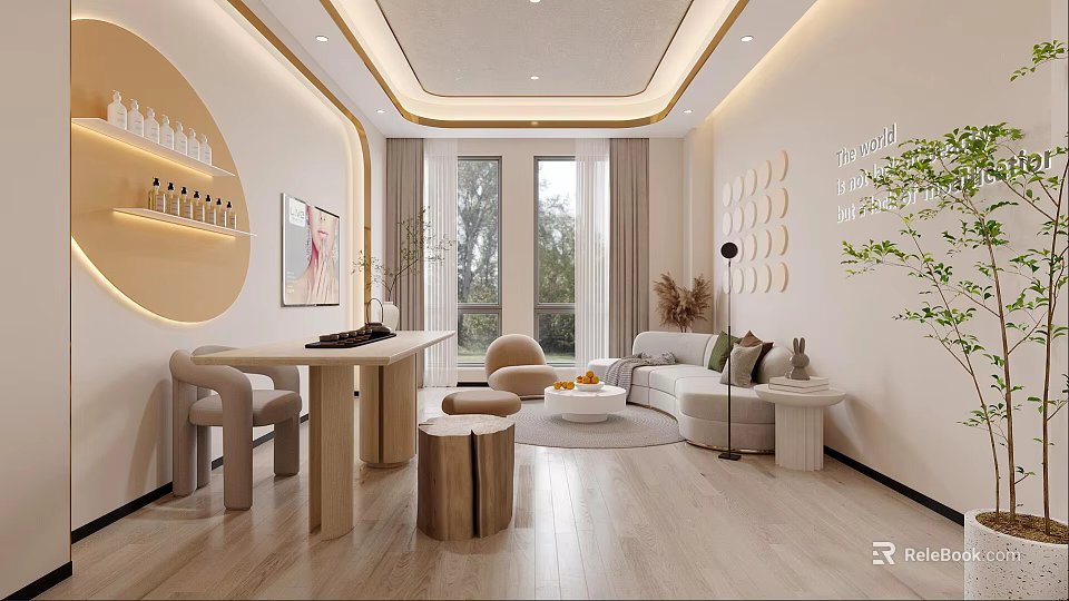 Modern Living Room With Curved Furniture Large Windows And Neutral Tones 3d model 