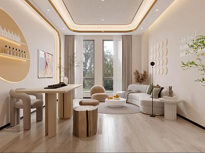 Modern Living Room With Curved Furniture Large Windows And Neutral Tones 3d model