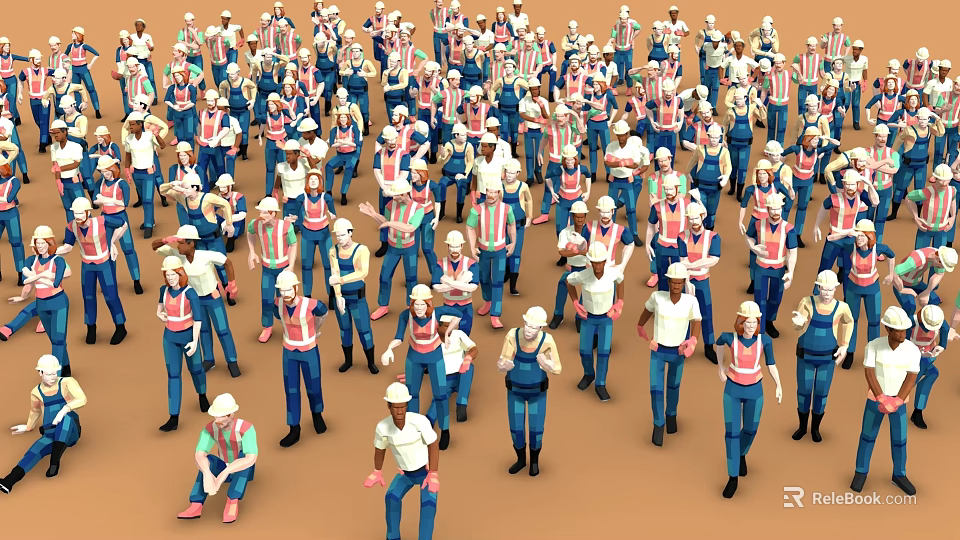 Game and Movie Characters in Work Uniforms with Safety Helmets in Crowd of Various Poses 3d model 