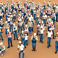 Game and Movie Characters in Work Uniforms with Safety Helmets in Crowd of Various Poses