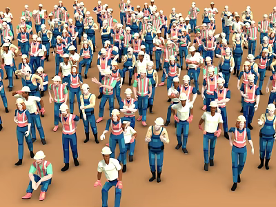 Game and Movie Characters in Work Uniforms with Safety Helmets in Crowd of Various Poses 3d model