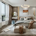 Modern Bedroom Interior Design With Bed Artwork Ceiling Light Open Wardrobe And Curtains 3d model