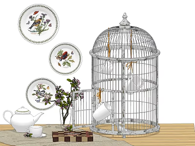 Elegant Decorative Ornament Set with White Birdcage Floral Plates Teapot and Small Potted Plant 3d model
