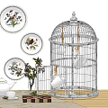 Elegant Decorative Ornament Set with White Birdcage Floral Plates Teapot and Small Potted Plant