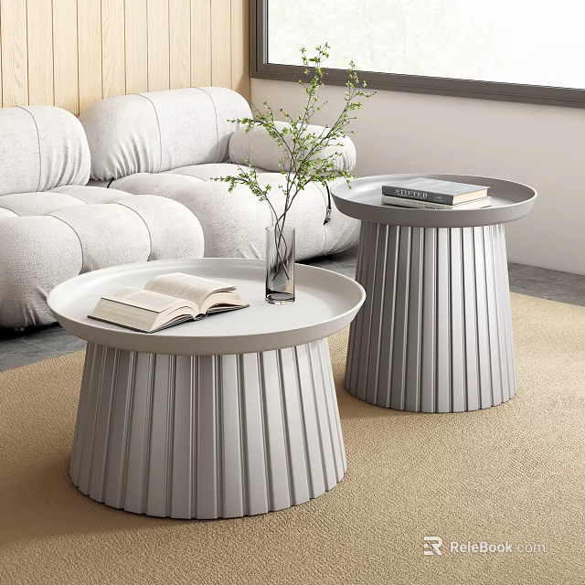 Modern Gray Sofa And Round Pleated Coffee Tables Set With Open Book And Green Plant 3d model 