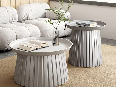 Modern Gray Sofa And Round Pleated Coffee Tables Set With Open Book And Green Plant 3d model