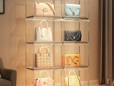 Fashionable Handbags Display On Multi Layer Transparent Acrylic Shelf With Various Colors 3d model