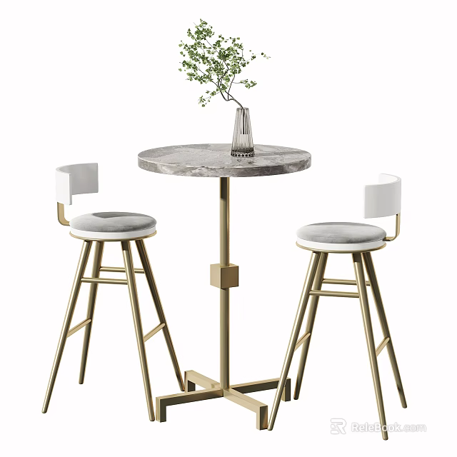 Modern Bar Counter With Marble Top Golden Stools White Cushions And Vase With Green Plants 3d model 