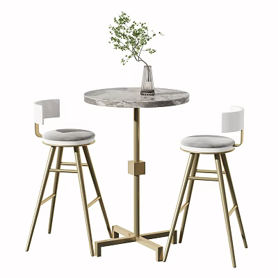 Modern Bar Counter With Marble Top Golden Stools White Cushions And Vase With Green Plants 3d model
