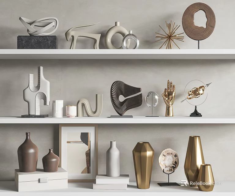 Stylish Decorative Ornament Set With Ceramic Vases Metal Sculptures And Abstract Shapes 3d model 
