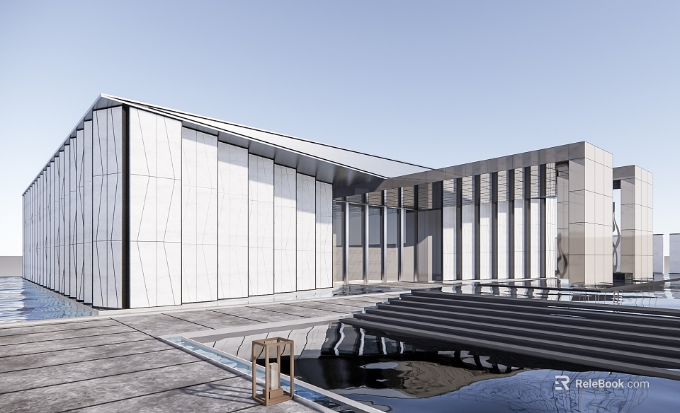 Modern Sales Office Building Architectural Design With Geometric Facade Courtyard Water Feature And Stone Pavement 3d model 