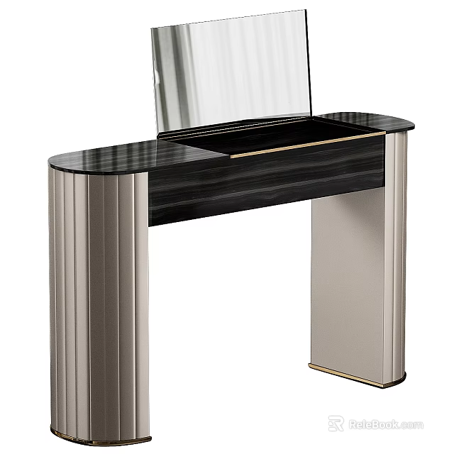Modern Black Dressing Table With Silver Metal Frame Mirror And Storage Drawer 3d model 