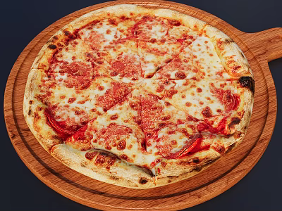 Cheesy Pepperoni Pizza With Golden Crust On Wooden Pizza Board 3d model