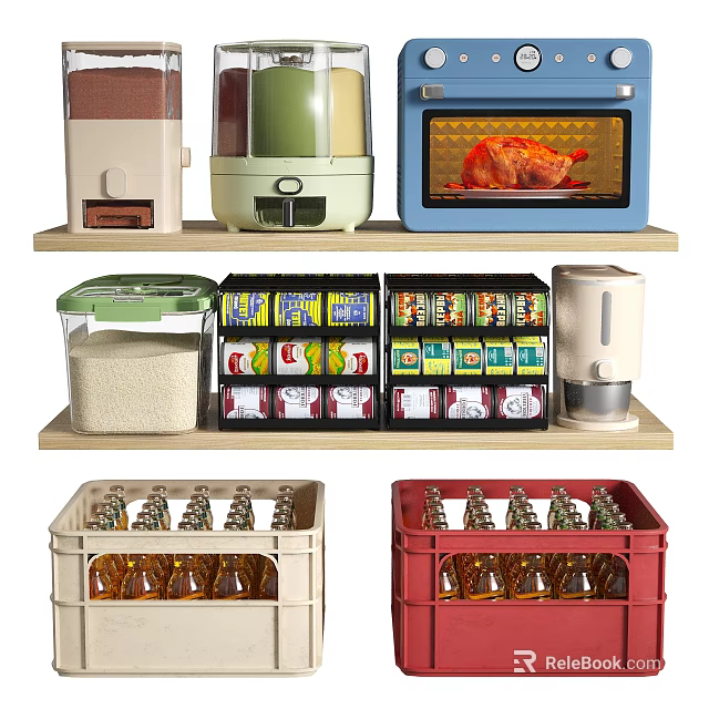 Organized Kitchen Utensils Display Featuring Oven Rice Cooker Spice Storage Boxes Rice Container Bottle Crates 3d model 
