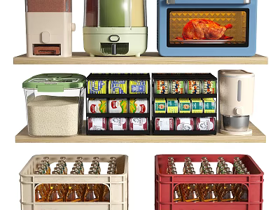 Organized Kitchen Utensils Display Featuring Oven Rice Cooker Spice Storage Boxes Rice Container Bottle Crates 3d model