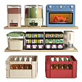Organized Kitchen Utensils Display Featuring Oven Rice Cooker Spice Storage Boxes Rice Container Bottle Crates