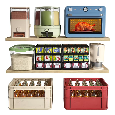 Organized Kitchen Utensils Display Featuring Oven Rice Cooker Spice Storage Boxes Rice Container Bottle Crates 3d model