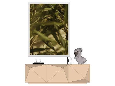 Stylish Decorative Cabinet With Bamboo Leaf Painting Pug Figurine And Wine Glasses 3d model