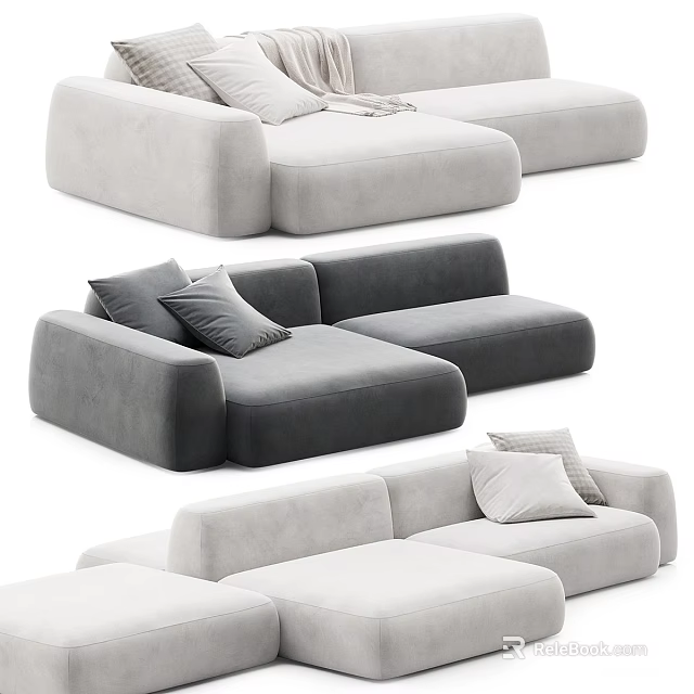 Modern Sectional Sofa In Light Gray And Beige With Soft Pillows And Modular Design 3d model 