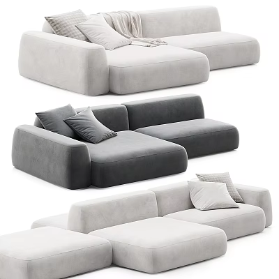 Modern Sectional Sofa In Light Gray And Beige With Soft Pillows And Modular Design 3d model