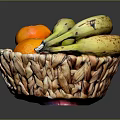 Fresh Bananas and Oranges in Woven Basket on Dark Background