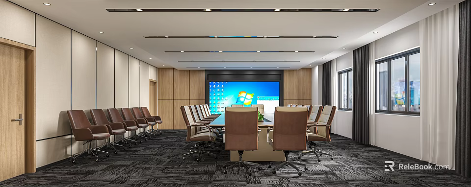 Modern Conference Room Interior Design With Large Screen And Comfortable Chairs 3d model