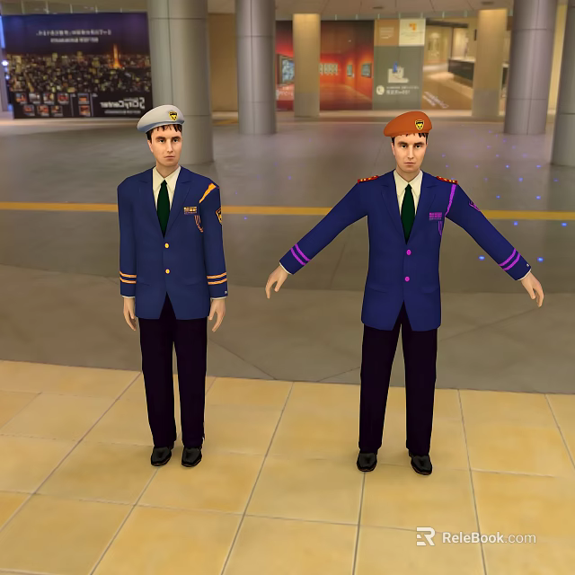 Two Men in Blue Official Uniforms with Shoulder Badges Standing in Public Hall 3d model 